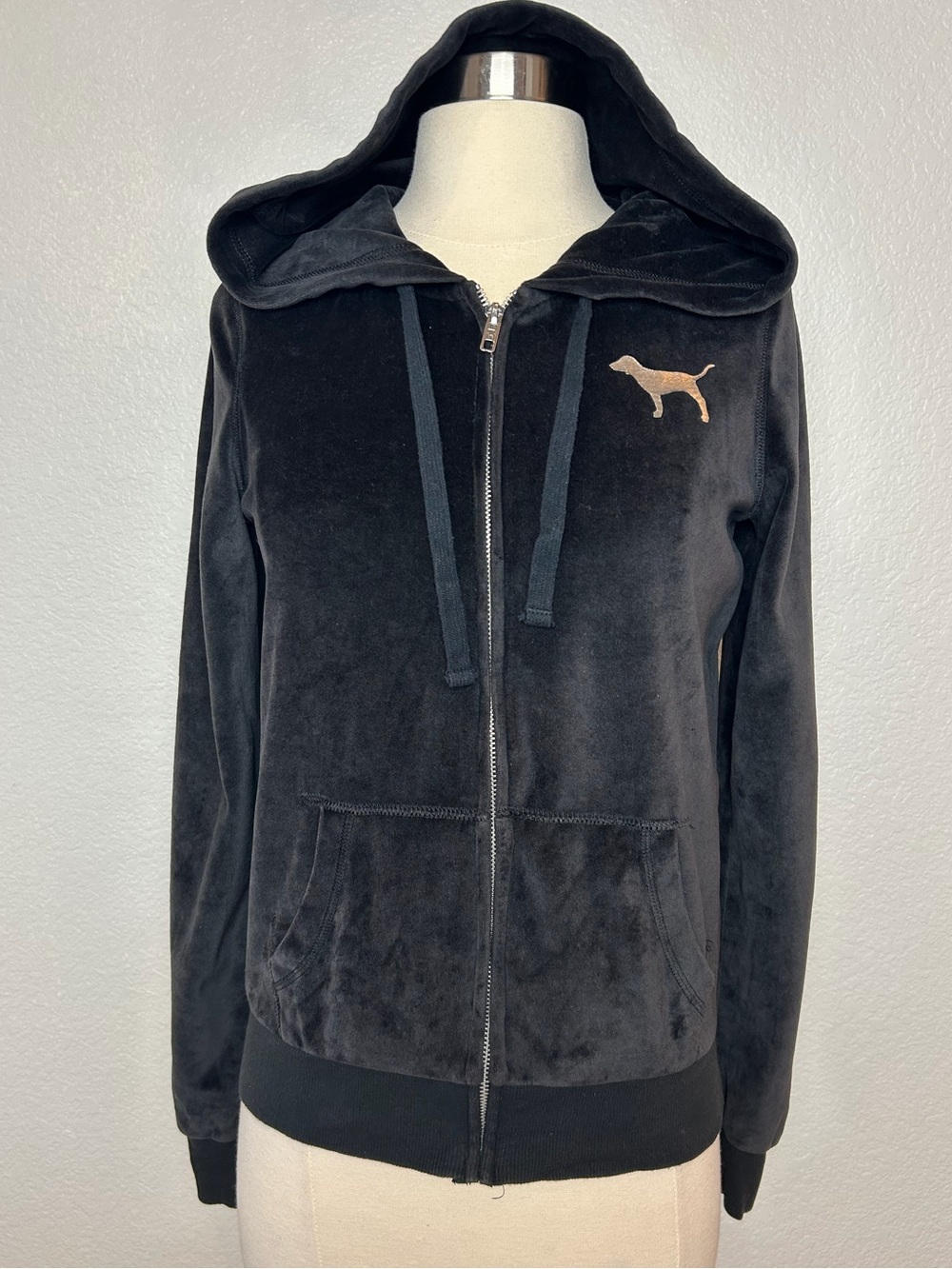 PINK Victoria's Secret Hoodie Women's XS Black Velour Full Zip Logo Jacket